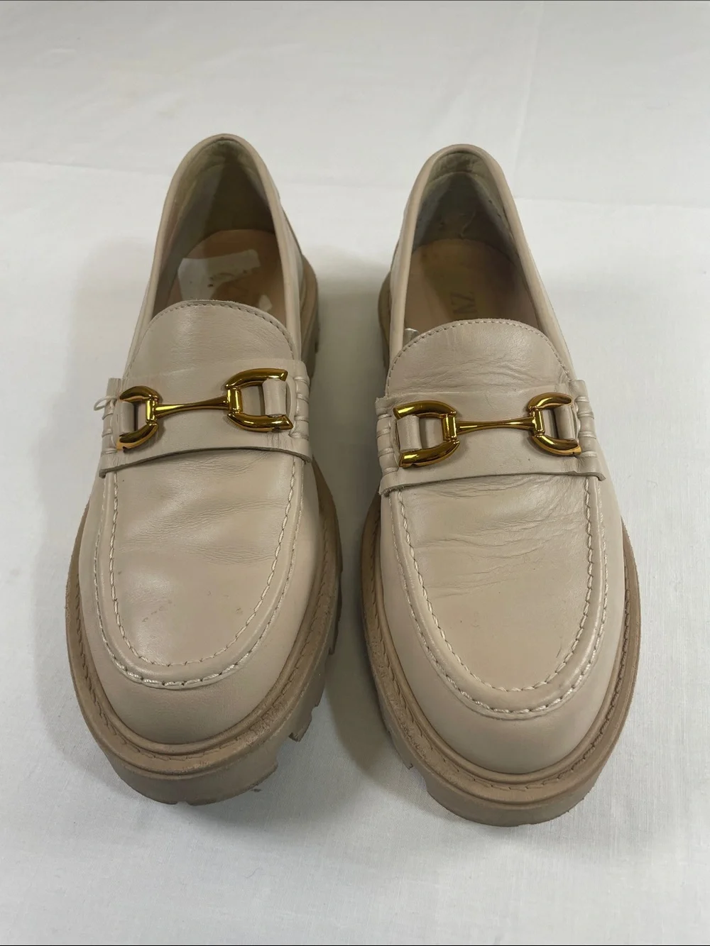 Zara Cream Leather Loafers with Gold Horsebit
